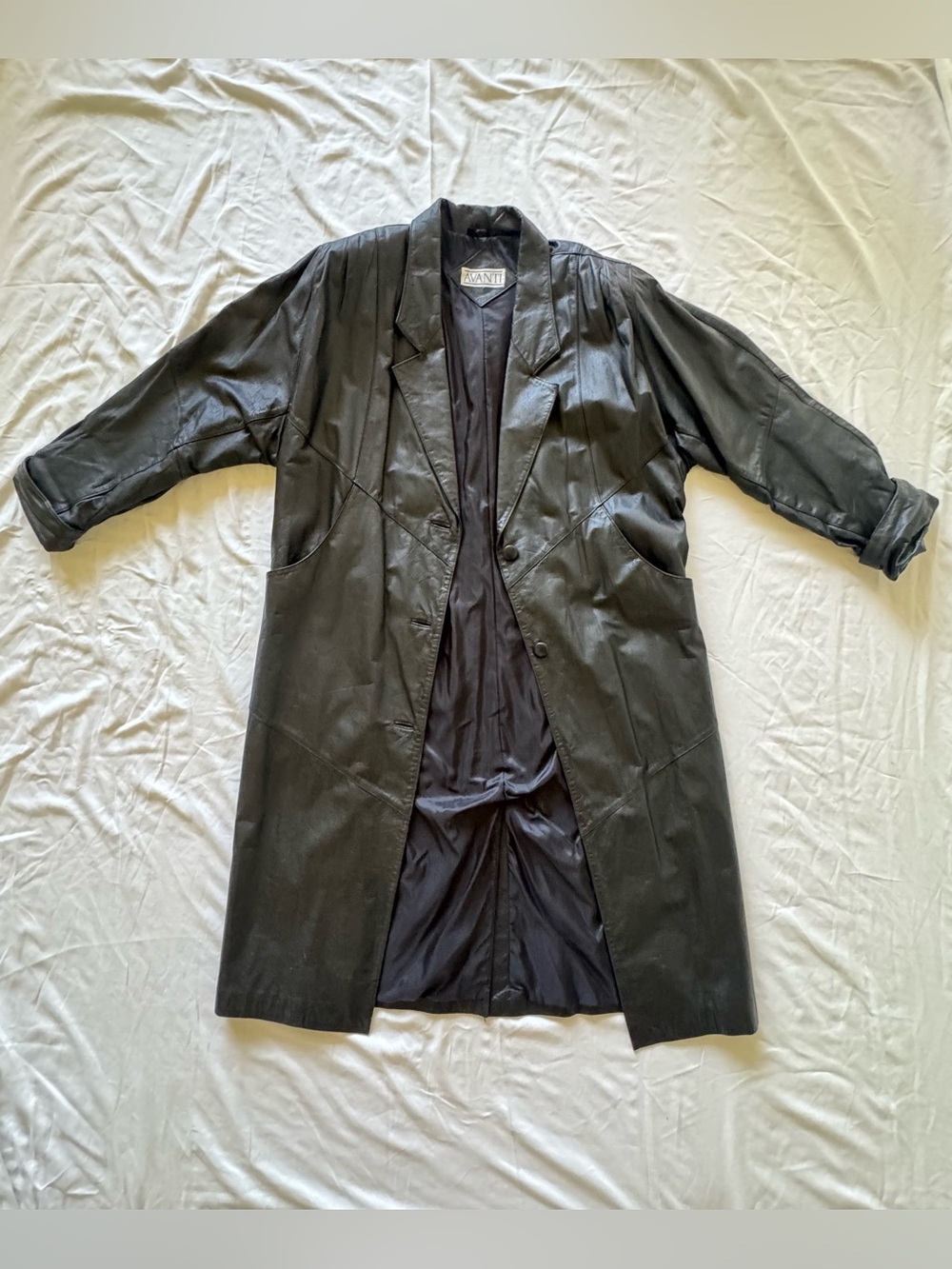 Vintage Avanti Genuine Leather 80’s/90’s Black Trench Coat -M/L Made in Korea